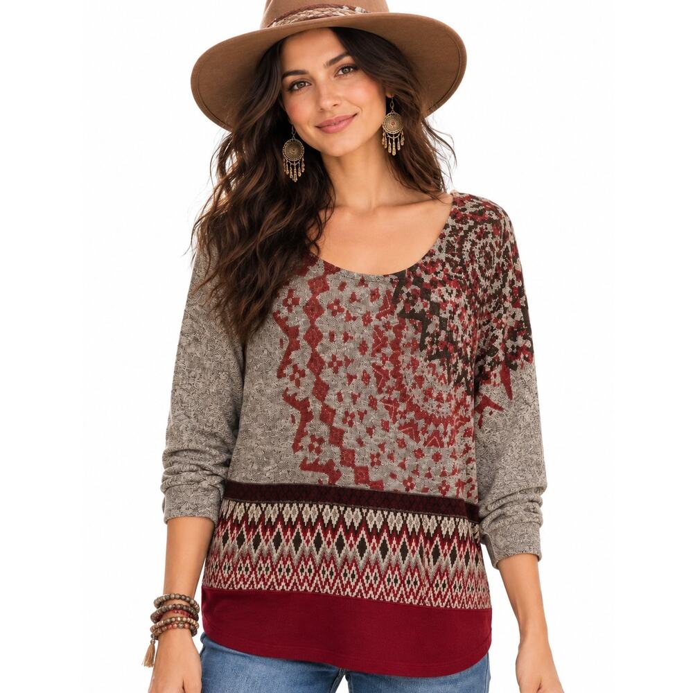 Desigual Damen Sweater Knit Top Womens Medium Gray Burgundy Dolman Pullover